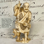 Antique Japanese Signed Netsuke Carved Ivory Figure, a Detailed Fisherman with Pole & Fish