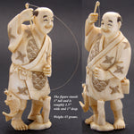 Antique Japanese Signed Netsuke Carved Ivory Figure, a Detailed Fisherman with Pole & Fish