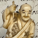 Antique Japanese Signed Netsuke Carved Ivory Figure, a Detailed Fisherman with Pole & Fish