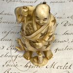 Antique Japanese Signed Netsuke Carved Ivory Figure, a Detailed Fisherman with Pole & Fish