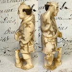 Antique Japanese Signed Netsuke Carved Ivory Figure, a Detailed Fisherman with Pole & Fish