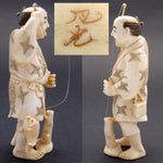 Antique Japanese Signed Netsuke Carved Ivory Figure, a Detailed Fisherman with Pole & Fish