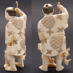 Antique Japanese Signed Netsuke Carved Ivory Figure, a Detailed Fisherman with Pole & Fish
