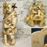 Antique Japanese Signed Netsuke Carved Ivory Figure, a Detailed Fisherman with Pole & Fish