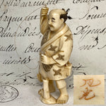 Antique Japanese Signed Netsuke Carved Ivory Figure, a Detailed Fisherman with Pole & Fish