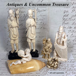 Antique Japanese Signed Netsuke Carved Ivory Figure, a Detailed Fisherman with Pole & Fish