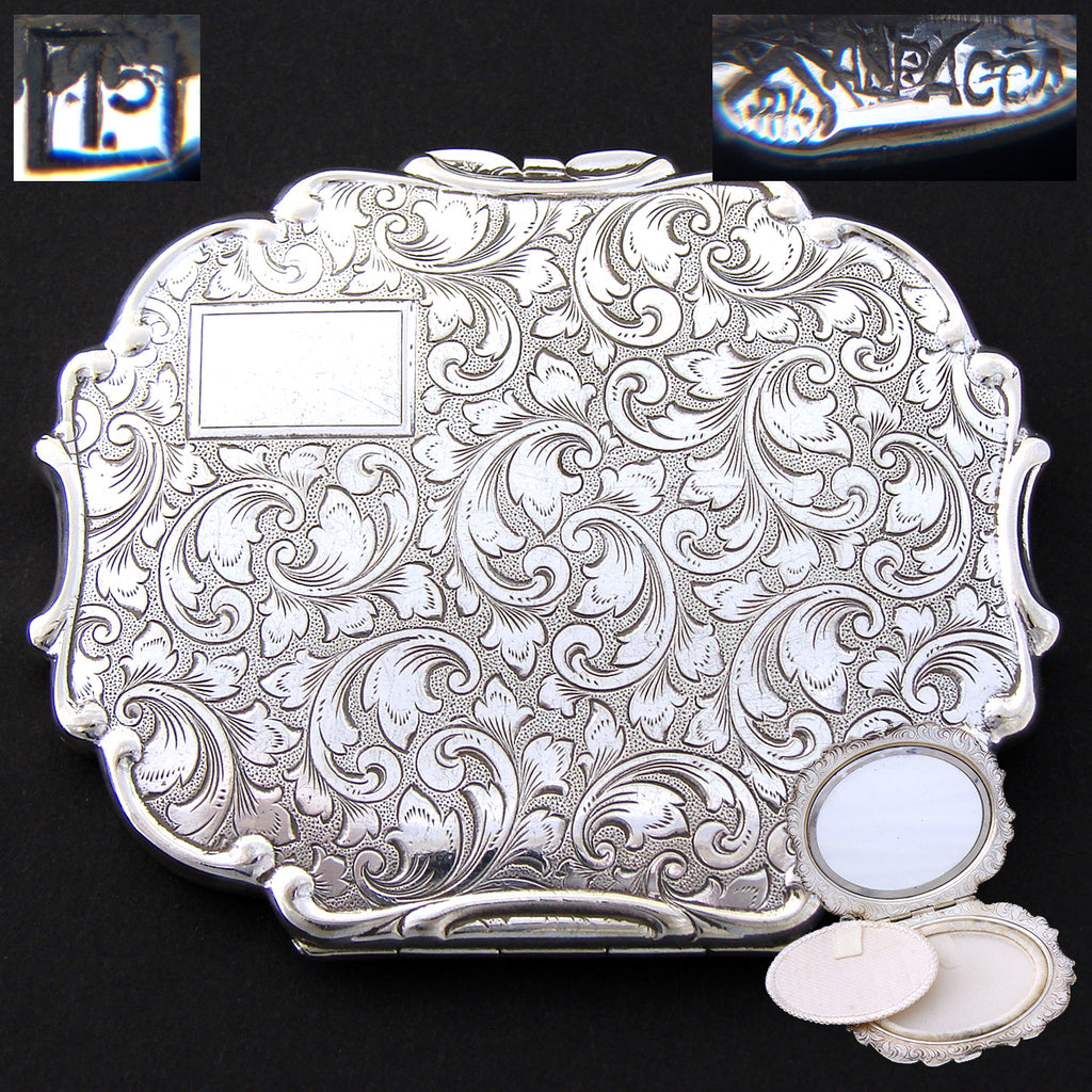 Ornate Antique Continental Powder Compact, Hallmarks & Original Mirror & Interior