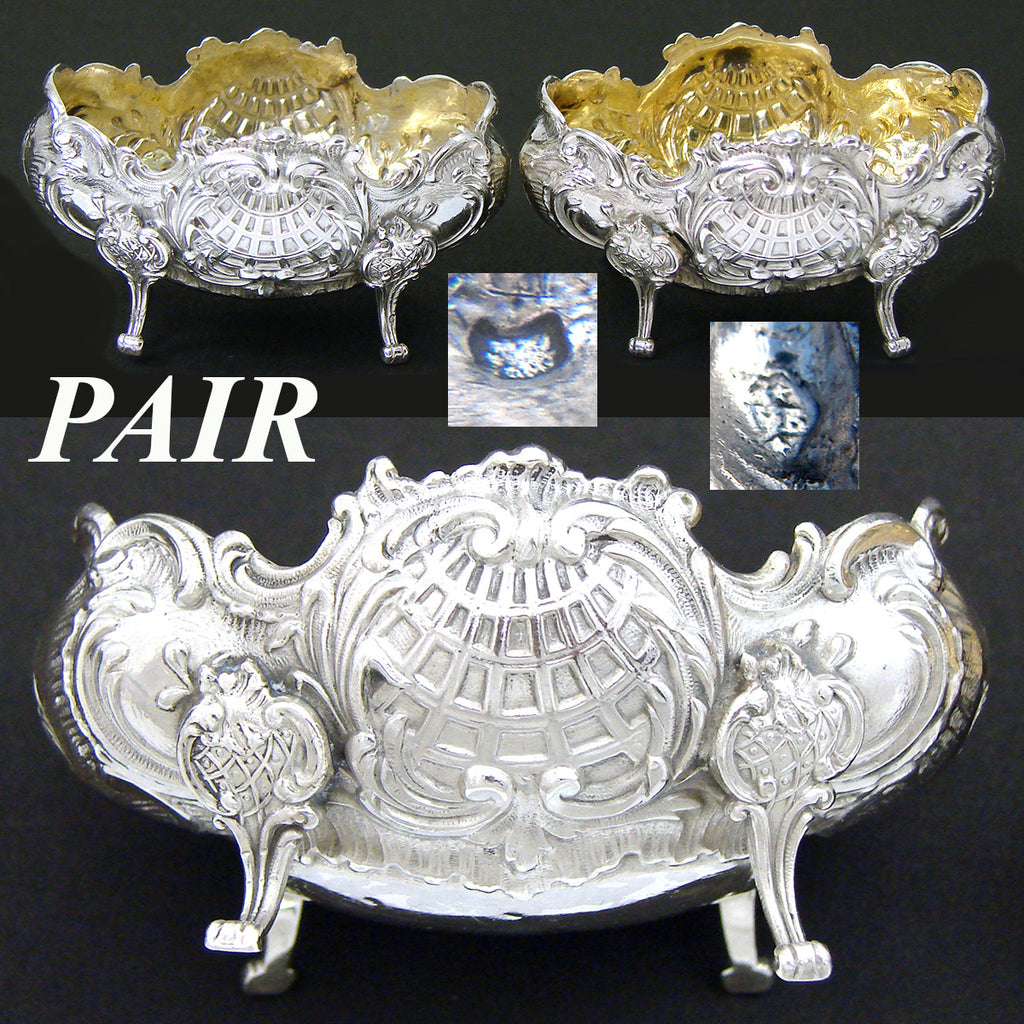Pair Antique French .800 (nearly sterling) Silver Open Salts, Louis XV Style with Vermeil Interiors