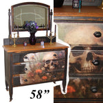 One-of-a-Kind SUMMERWEEN Halloween Antique Victorian Dresser with Beveled Mirror, Decoupage Skull Facade & Distressed Black Finish