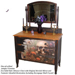 One-of-a-Kind SUMMERWEEN Halloween Antique Victorian Dresser with Beveled Mirror, Decoupage Skull Facade & Distressed Black Finish