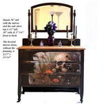 One-of-a-Kind SUMMERWEEN Halloween Antique Victorian Dresser with Beveled Mirror, Decoupage Skull Facade & Distressed Black Finish