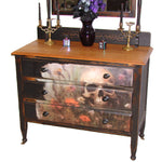 One-of-a-Kind SUMMERWEEN Halloween Antique Victorian Dresser with Beveled Mirror, Decoupage Skull Facade & Distressed Black Finish