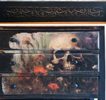 One-of-a-Kind SUMMERWEEN Halloween Antique Victorian Dresser with Beveled Mirror, Decoupage Skull Facade & Distressed Black Finish