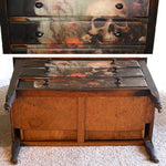 One-of-a-Kind SUMMERWEEN Halloween Antique Victorian Dresser with Beveled Mirror, Decoupage Skull Facade & Distressed Black Finish