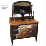 One-of-a-Kind SUMMERWEEN Halloween Antique Victorian Dresser with Beveled Mirror, Decoupage Skull Facade & Distressed Black Finish