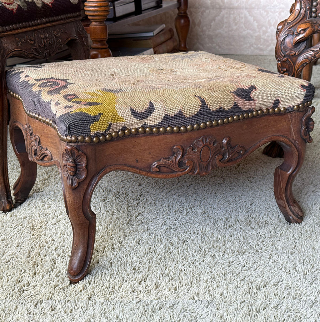 Large Antique French Carved Wood Foot Stool or Bench, Griffen Needlepoint Tapestry Top, Hobnail Trim