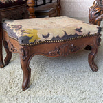 Large Antique French Carved Wood Foot Stool or Bench, Griffen Needlepoint Tapestry Top, Hobnail Trim