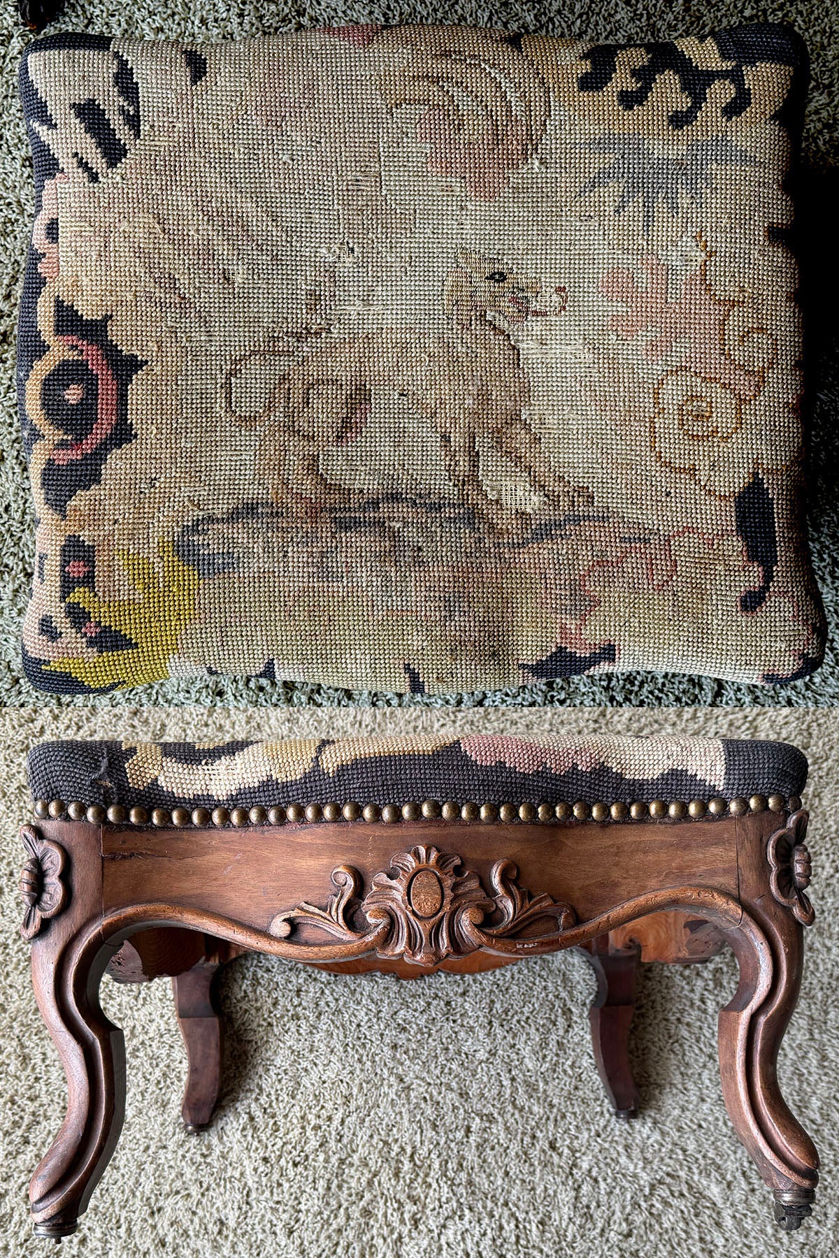 Large Antique French Carved Wood Foot Stool or Bench, Griffen Needlepoint Tapestry Top, Hobnail Trim