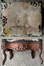 Large Antique French Carved Wood Foot Stool or Bench, Griffen Needlepoint Tapestry Top, Hobnail Trim