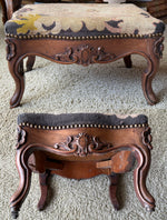 Large Antique French Carved Wood Foot Stool or Bench, Griffen Needlepoint Tapestry Top, Hobnail Trim