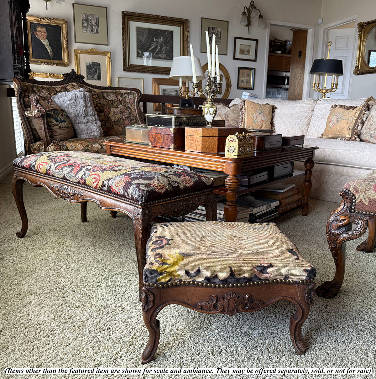 Large Antique French Carved Wood Foot Stool or Bench, Griffen Needlepoint Tapestry Top, Hobnail Trim