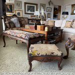 Large Antique French Carved Wood Foot Stool or Bench, Griffen Needlepoint Tapestry Top, Hobnail Trim