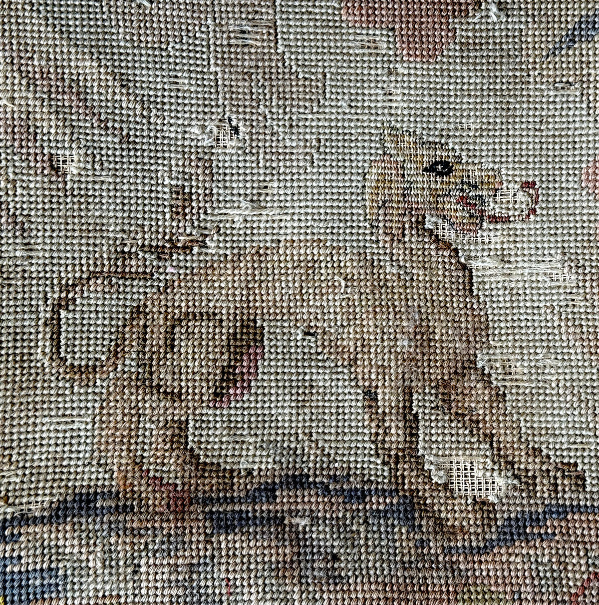 Large Antique French Carved Wood Foot Stool or Bench, Griffen Needlepoint Tapestry Top, Hobnail Trim