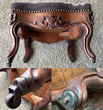 Large Antique French Carved Wood Foot Stool or Bench, Griffen Needlepoint Tapestry Top, Hobnail Trim