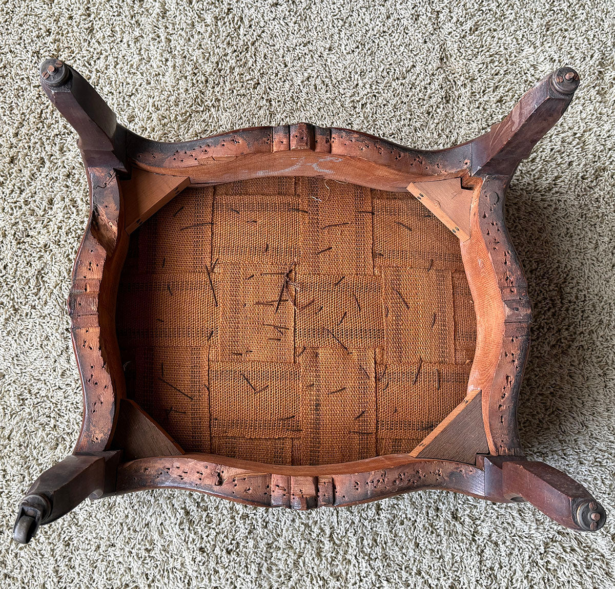 Large Antique French Carved Wood Foot Stool or Bench, Griffen Needlepoint Tapestry Top, Hobnail Trim