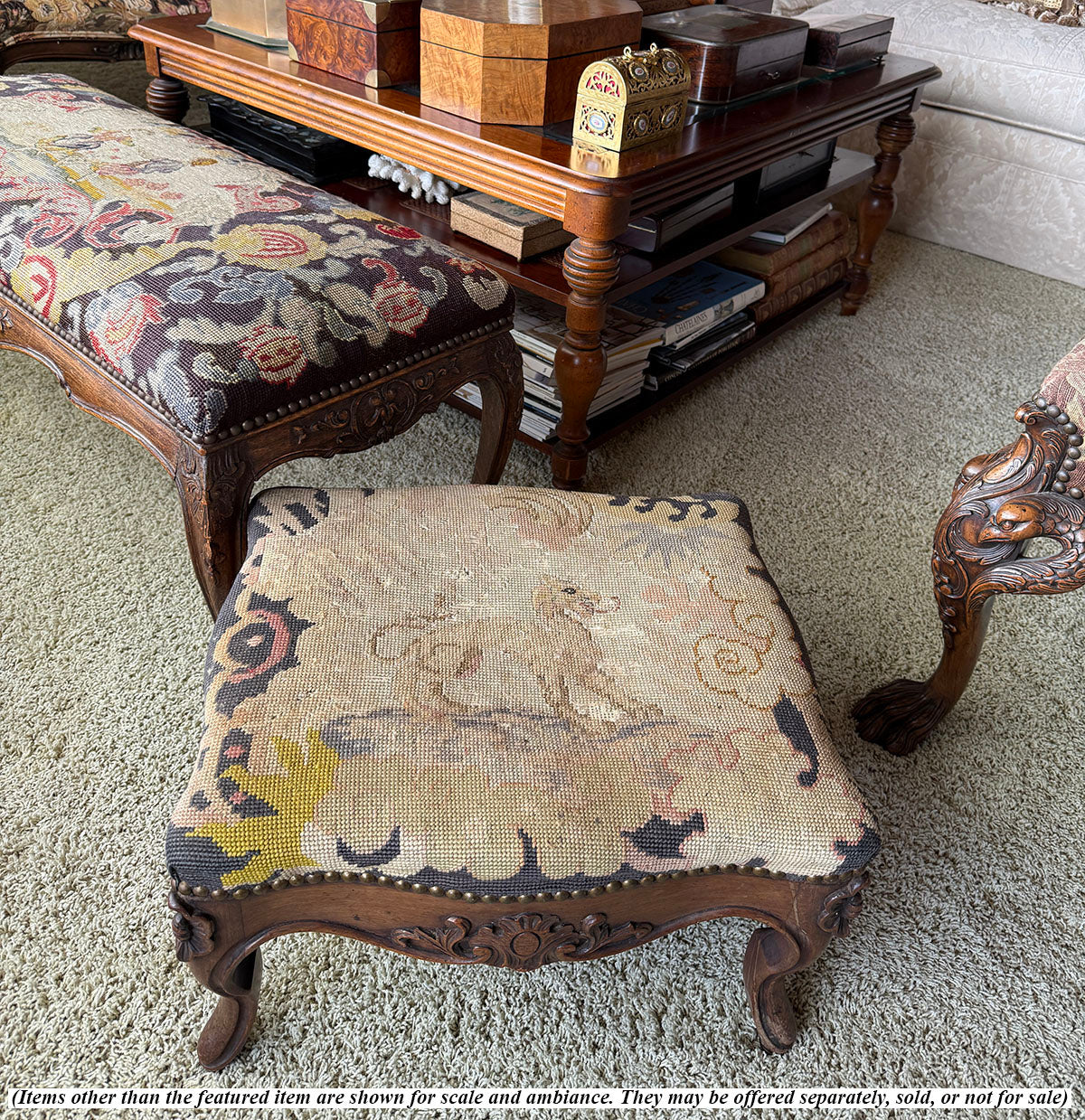 Large Antique French Carved Wood Foot Stool or Bench, Griffen Needlepoint Tapestry Top, Hobnail Trim