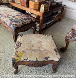 Large Antique French Carved Wood Foot Stool or Bench, Griffen Needlepoint Tapestry Top, Hobnail Trim