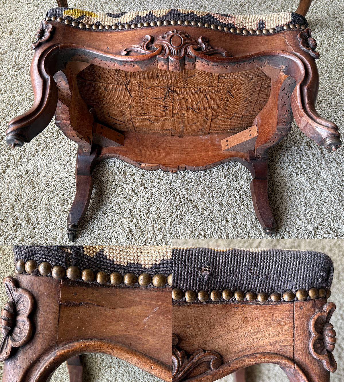 Large Antique French Carved Wood Foot Stool or Bench, Griffen Needlepoint Tapestry Top, Hobnail Trim