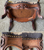 Large Antique French Carved Wood Foot Stool or Bench, Griffen Needlepoint Tapestry Top, Hobnail Trim