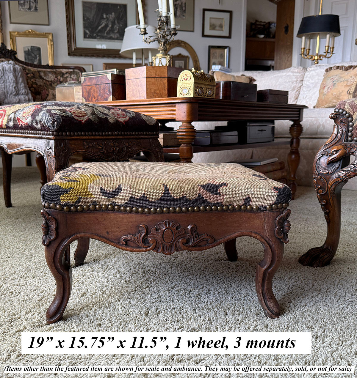 Large Antique French Carved Wood Foot Stool or Bench, Griffen Needlepoint Tapestry Top, Hobnail Trim