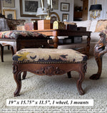 Large Antique French Carved Wood Foot Stool or Bench, Griffen Needlepoint Tapestry Top, Hobnail Trim