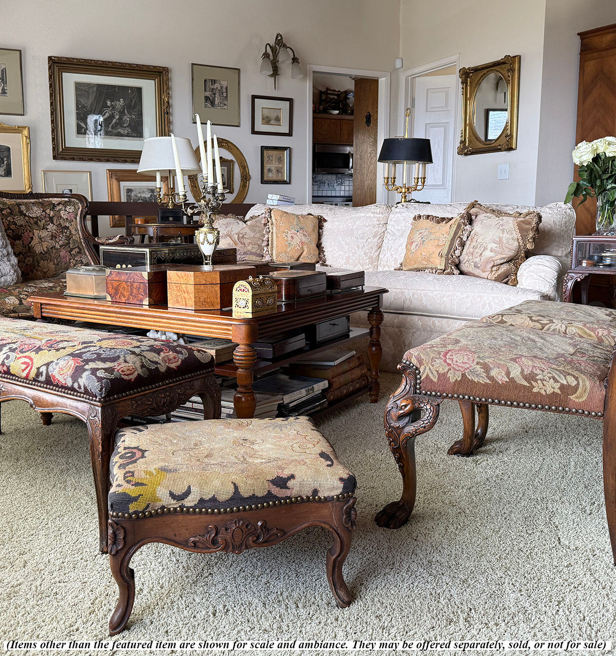 Large Antique French Carved Wood Foot Stool or Bench, Griffen Needlepoint Tapestry Top, Hobnail Trim