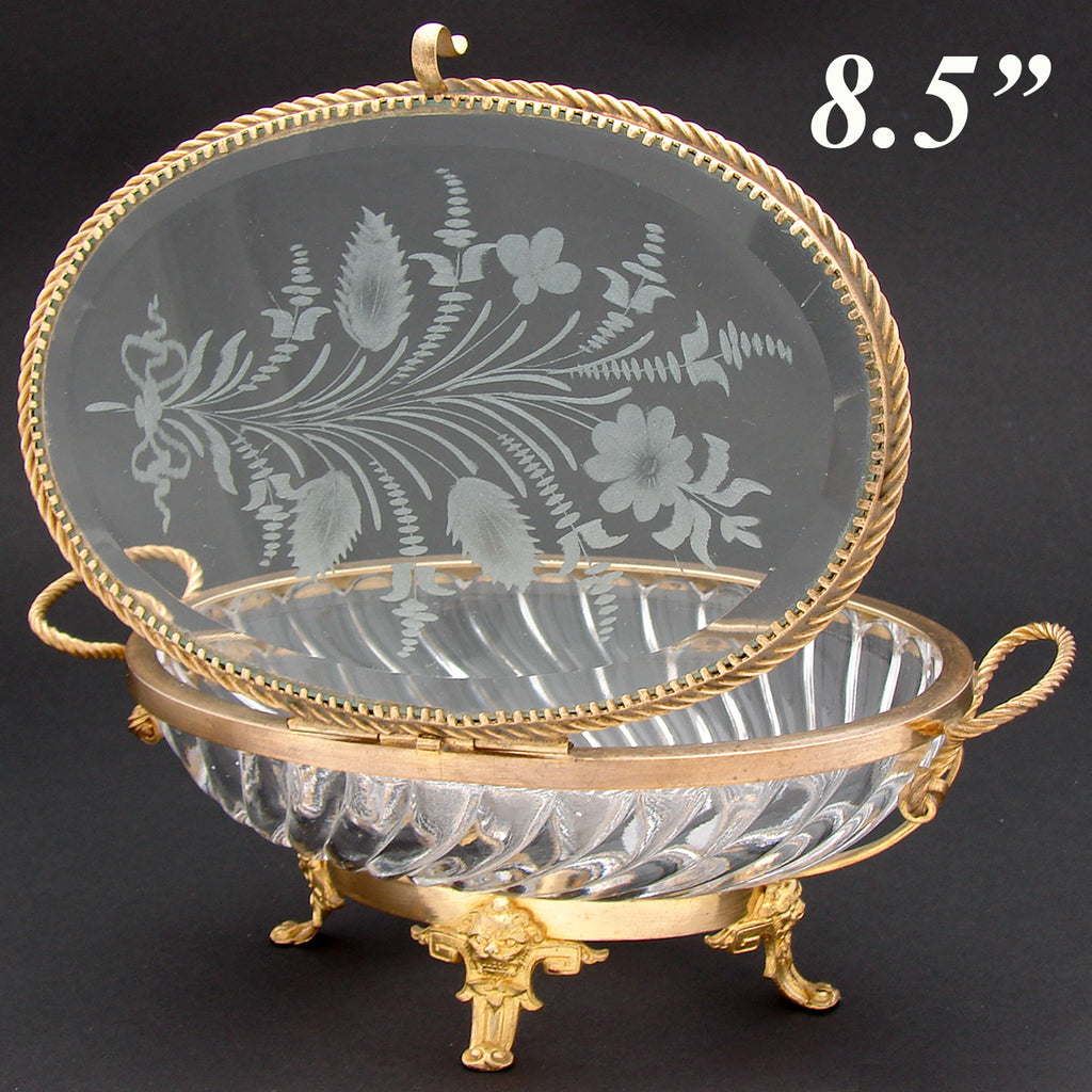 Antique French Napoleon III c.1880s Baccarat 8.5" Swirled & Intaglio Etched Glass Jewel Casket