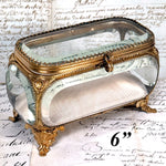 Antique French Napoleon III 6" Jewel Casket, Gilded with Thick Beveled Glass Panels