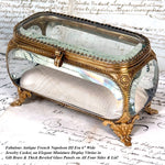 Antique French Napoleon III 6" Jewel Casket, Gilded with Thick Beveled Glass Panels