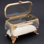 Antique French Napoleon III 6" Jewel Casket, Gilded with Thick Beveled Glass Panels