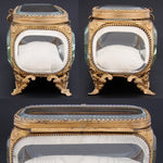 Antique French Napoleon III 6" Jewel Casket, Gilded with Thick Beveled Glass Panels