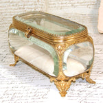 Antique French Napoleon III 6" Jewel Casket, Gilded with Thick Beveled Glass Panels