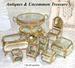 Antique French Napoleon III 6" Jewel Casket, Gilded with Thick Beveled Glass Panels