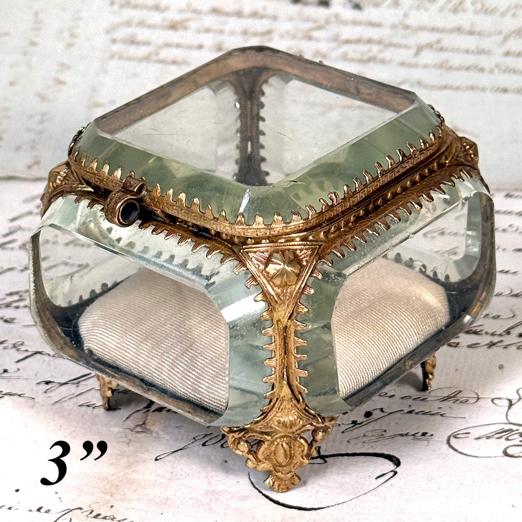 Antique French Napoleon III Jewelry Casket, Miniature Vitrine Box with Thick Beveled Glass