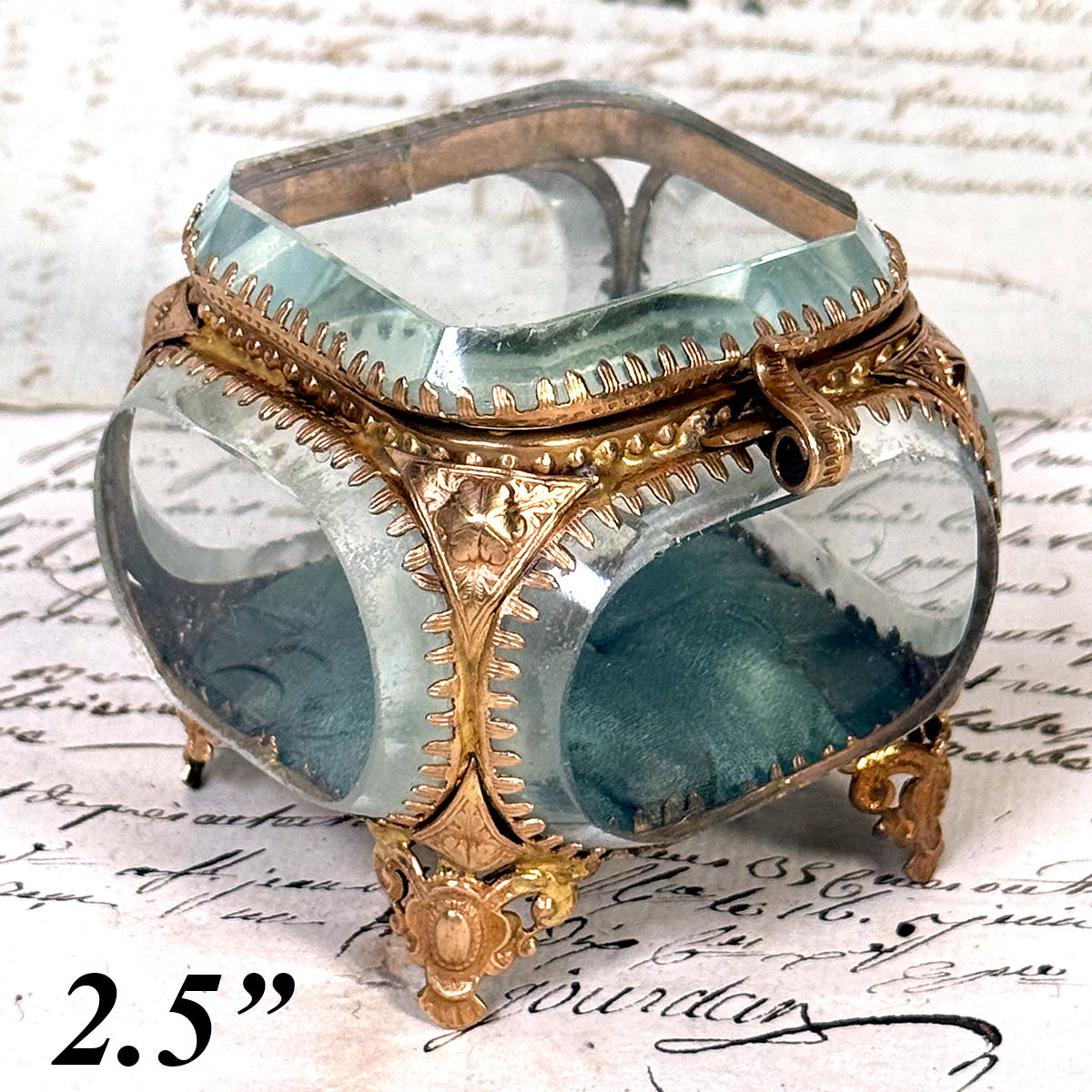 Antique French Napoleon III Jewelry Casket, Miniature Vitrine Box with Thick Beveled Glass