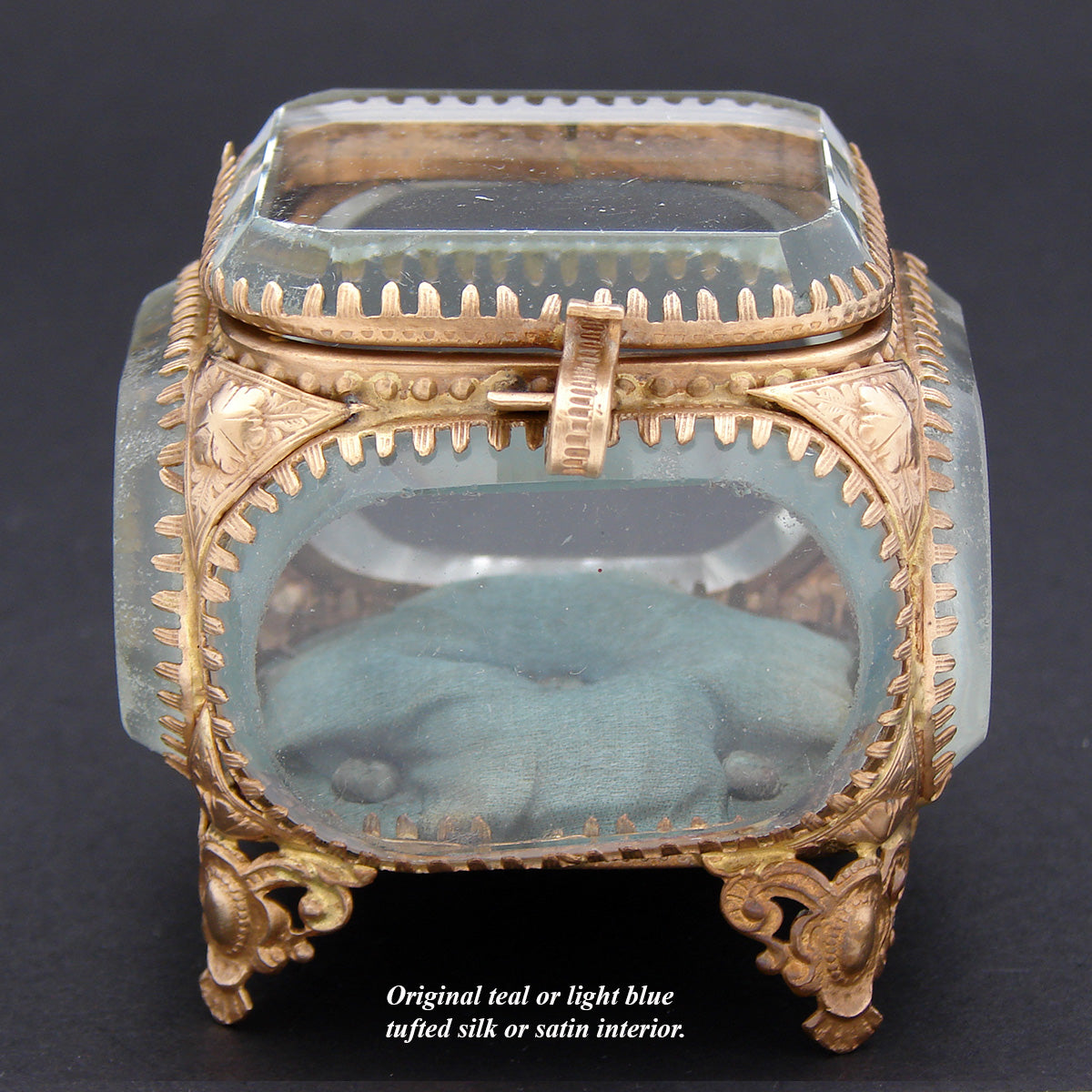 Antique French Napoleon III Jewelry Casket, Miniature Vitrine Box with Thick Beveled Glass