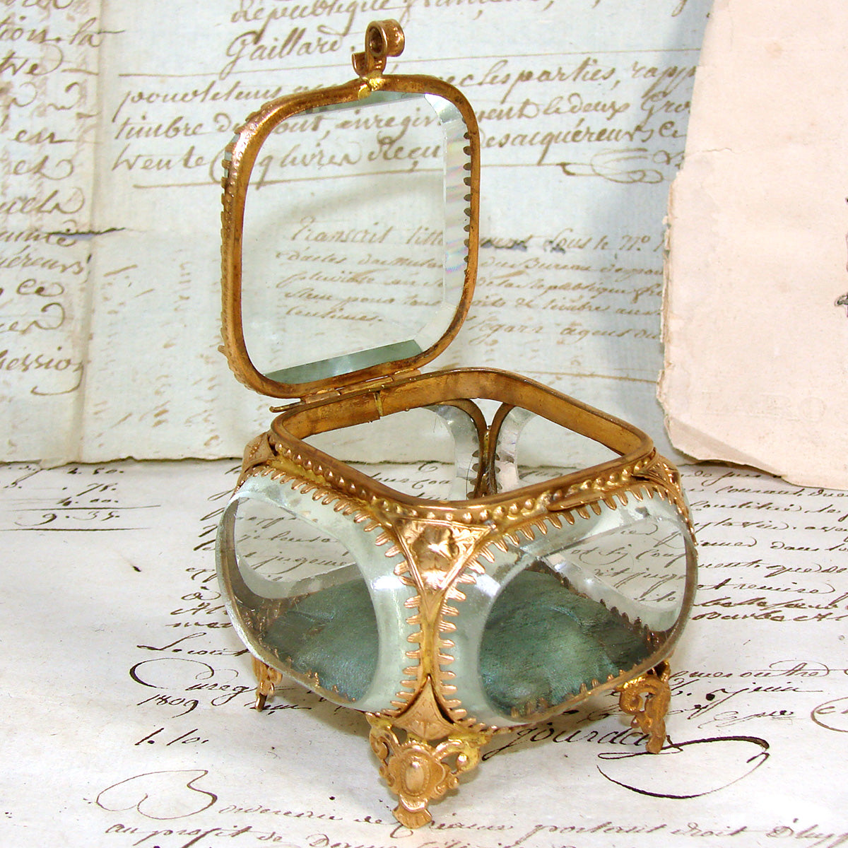 Antique French Napoleon III Jewelry Casket, Miniature Vitrine Box with Thick Beveled Glass