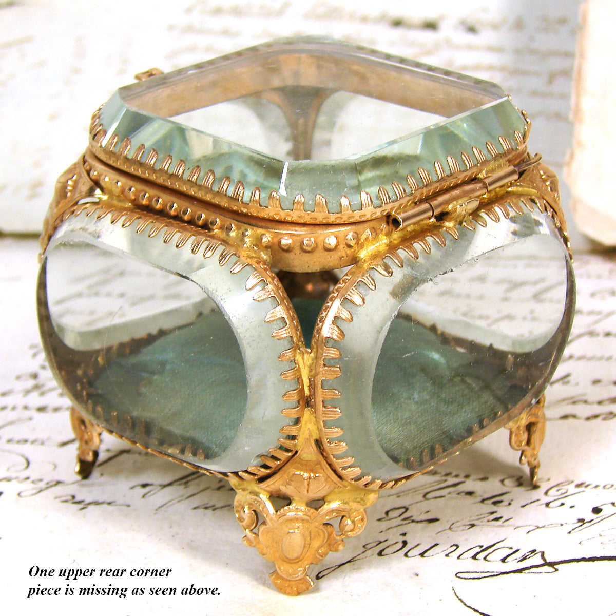 Antique French Napoleon III Jewelry Casket, Miniature Vitrine Box with Thick Beveled Glass