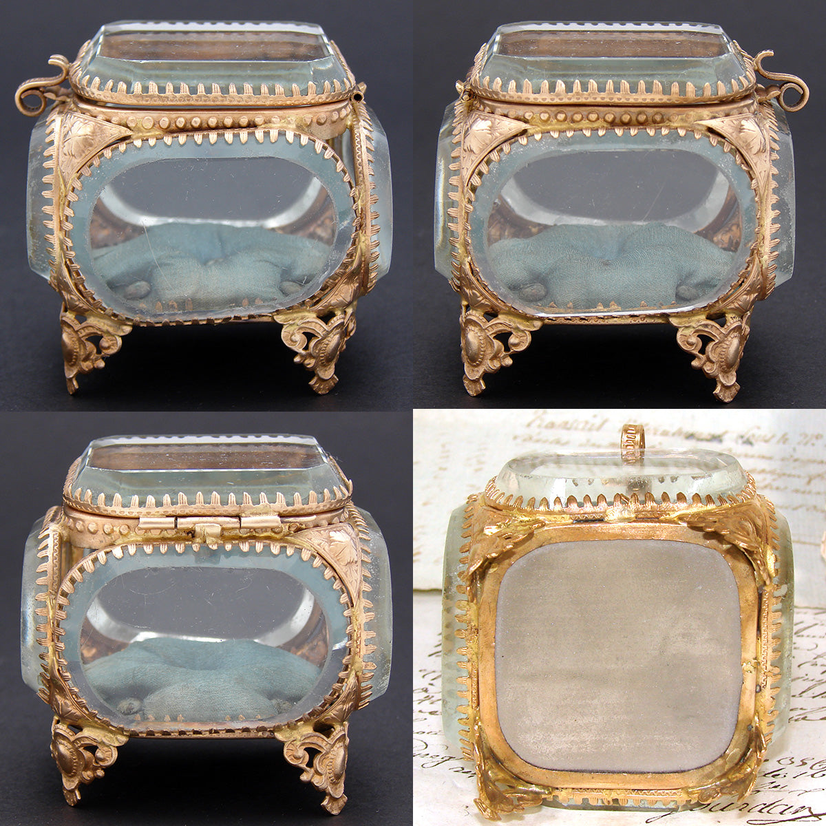 Antique French Napoleon III Jewelry Casket, Miniature Vitrine Box with Thick Beveled Glass