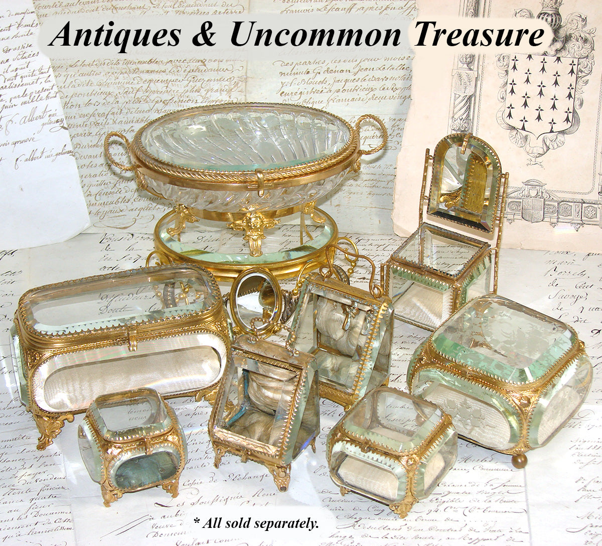 Antique French Napoleon III Jewelry Casket, Miniature Vitrine Box with Thick Beveled Glass